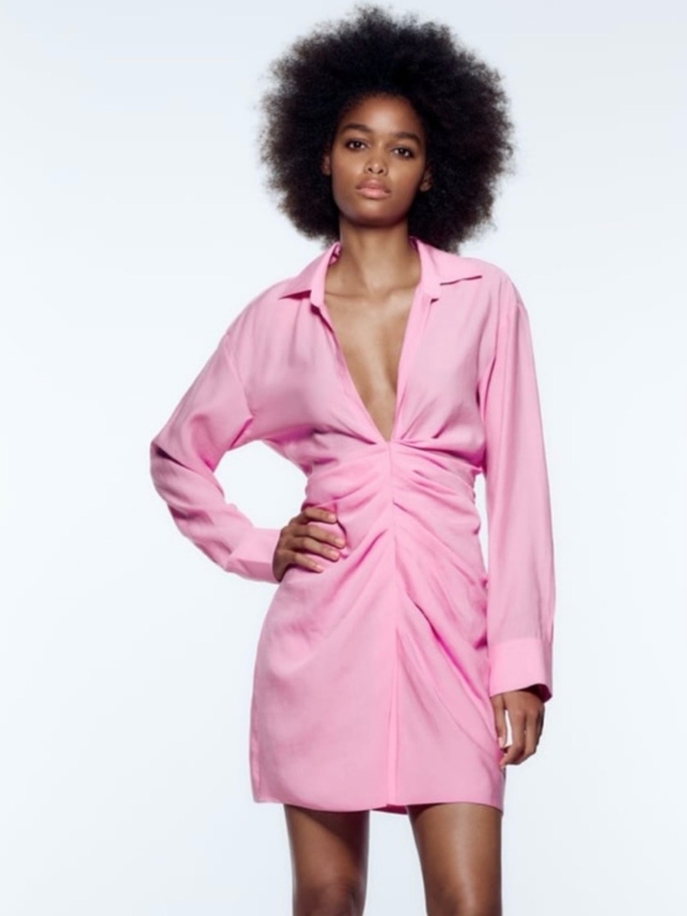 Zara Barbie Pink Draped Long Sleeve Dress Deep Vneck Collared M